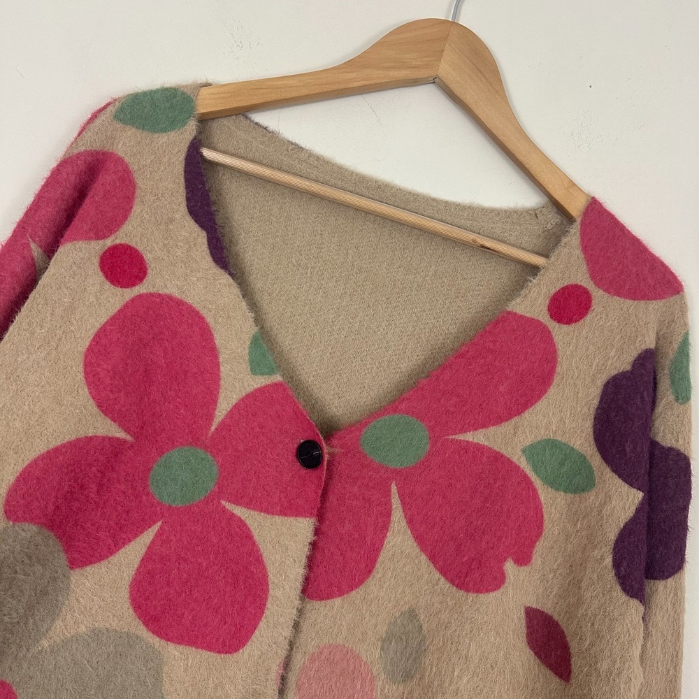 Cardigan Sweater Multicolor Floral Mod Retro Hippie Fluffy Knit Womens 2XL